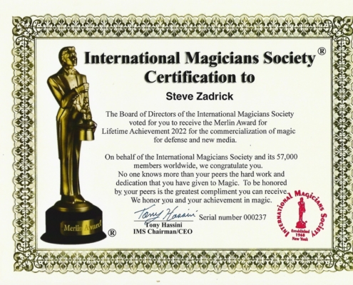 MS Merlin Lifetime Achievement Award Stephen Zadrick Certificate