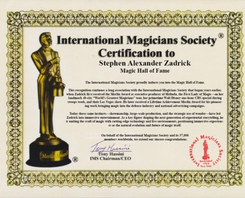 Stephen Zadrick International Magicians Society Hall of Fame Cert Stephen Zadrick International Magicians Society Hall of Fame Cert